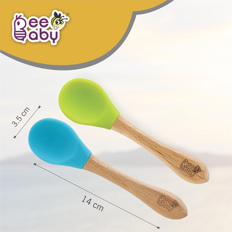 Beebaby Nurture Natural Beech Wood & Soft Silicone Baby Feeding Spoons | 100% BPA Free, Eco-Friendly Weaning Spoons for Infants, Kids & Toddlers | Gentle on Gums, Safe for 6+ Months (Blue & Green) - Image 3