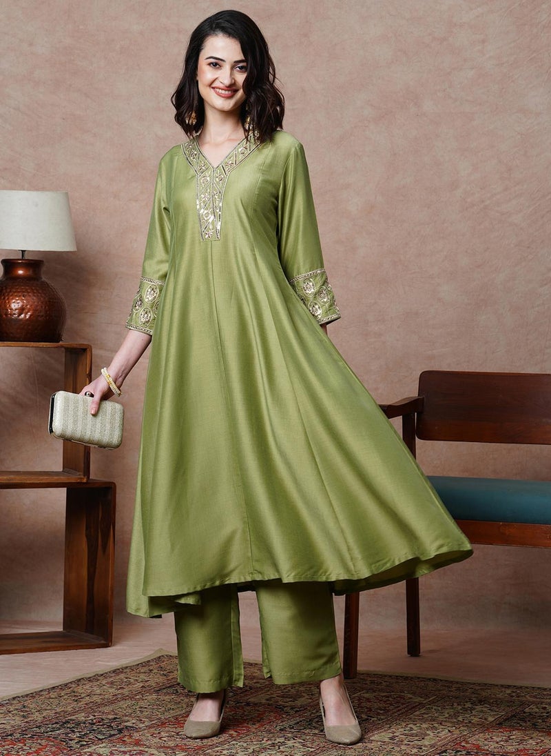 Globus Women's Olive Floral Sequinned Yoke Kurta Set with V Neck and A-Line Design - Image 1