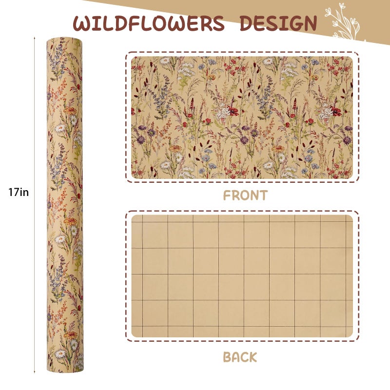 Tyzarglef Wild Flower Wrapping Paper Roll, 17 Inches x 32.8 Feet Kraft Floral Design Wrapping Paper for Women Girls Gifts, Birthdays, Weddings, Bridal Shower and Engagement - Image 2