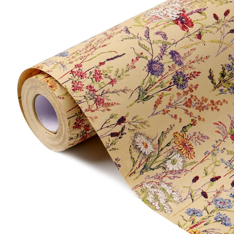 Tyzarglef Wild Flower Wrapping Paper Roll, 17 Inches x 32.8 Feet Kraft Floral Design Wrapping Paper for Women Girls Gifts, Birthdays, Weddings, Bridal Shower and Engagement - Image 1