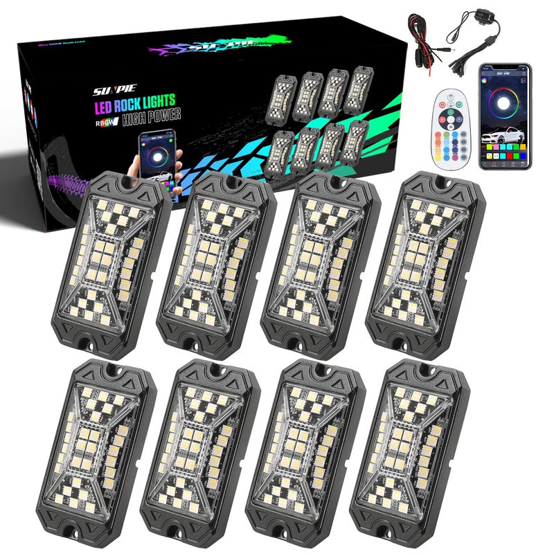 أضواء الصخور RGBW 8 بود من SUNPIE بزاوية شعاع كاملة 30 شريحة طاقة عالية هيكل ألمنيوم مع وسادات تثبيت مضمنة مقاومة للماء IP67 وضع الموسيقى أضواء تحت السيارة تناسب الشاحنات SUV ATV UTV القوارب