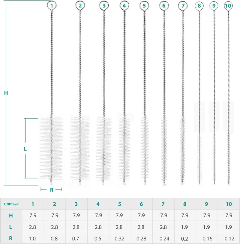 CiaraQ Bottle Cleaning Brushes, 8 Inch Nylon Tube Brush Set, Cleaner for Narrow Neck Bottles Cups with Hook, Set of 10pcs. - Image 3
