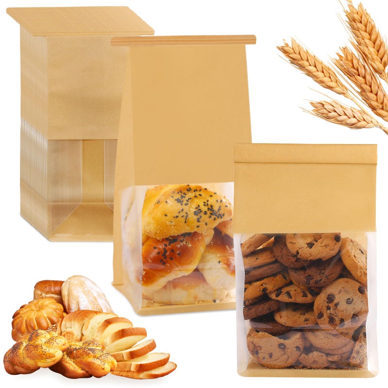 HONKID Bread and Cookie Bags with Seal, 50 Pack 11 x 5.1 x 3.9 Inches Bakery Bags with Window Reusable Tin Tie Tab Lock for Sealed Baked Goods Packaging for Pastry Bagels Breads Treats Cookies Brown - Image 1