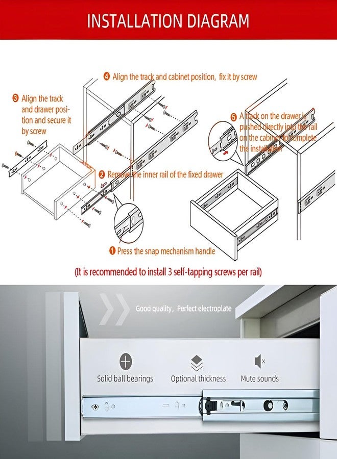 Volo Heavy Duty Drawer Slides, Full Extension Ball Bearing Runners | Pack of 2 Piece | Channels for Kitchen Cabinets, Wardrobes, and Dressers (Stainless Steel, 18 Inch) - Image 4