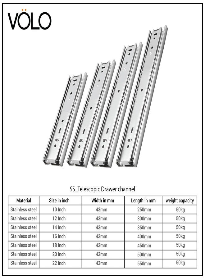 Volo Heavy Duty Drawer Slides, Full Extension Ball Bearing Runners | Pack of 2 Piece | Channels for Kitchen Cabinets, Wardrobes, and Dressers (Stainless Steel, 18 Inch) - Image 2