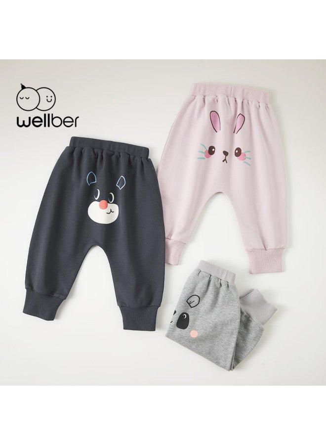 Wellber Baby Pure Cotton Diaper Pants For Boys And Girls, Cute Long Pants For Infants And Toddlers, Spring And Autumn, Light Heather Gray, Size 80 - Image 1