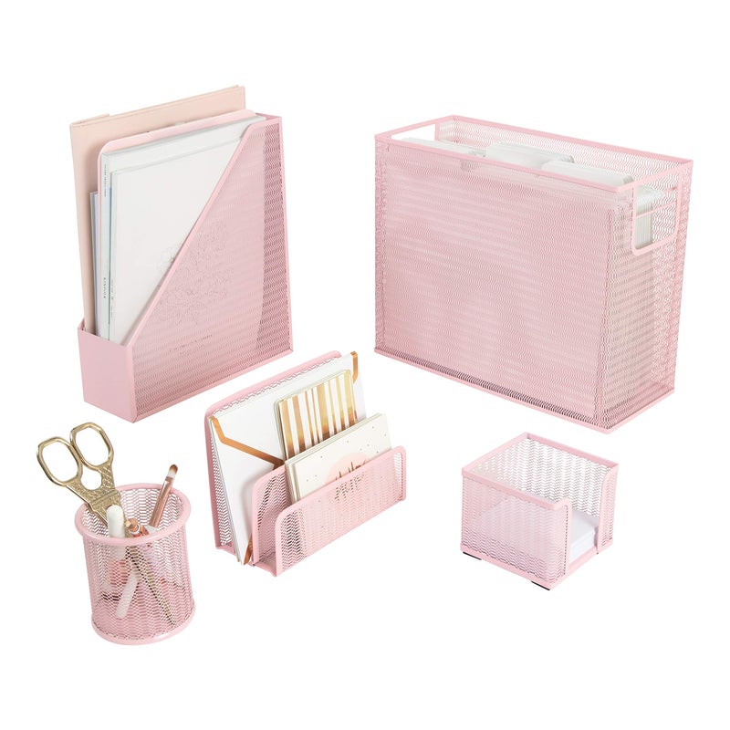 BLU MONACO 5 Piece Office Supplies Pink Desk Organizer Set - with Desktop Hanging File Organizer, Magazine Holder, Pen Cup, Sticky Note Holder, Letter sorter - Pink Desk Accessories for Women Office - Image 1