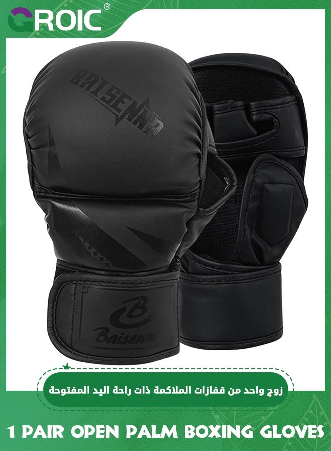 GROIC 1 Pair Open Palm Boxing Gloves for Men and Women, Sparring Gloves with Open Breathable Palm Hybrid MMA Gloves, MMA Training Gloves for Kickboxing, Grappling, Cage Fighting and Martial Arts - Black - Image 1