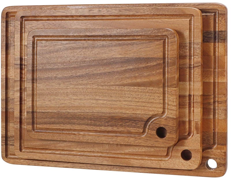 Acacia Wood Cutting Boards Set for Kitchen Caperci Large Wooden Cutting Chopping Boards Set of 3 with Deep Juice Groove and Handle Hole for Meat Veggies and Fruit 17x12 14x11 11x8 inch