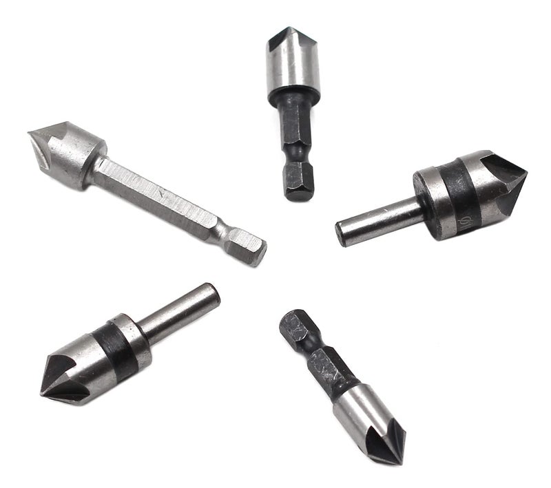 Chiloskit 5pc Wood Metal Countersink Drill Bit Set for Wood Metal Plastic Woodworking Deburring Chamfer Tool5 Flutes 82 Degree