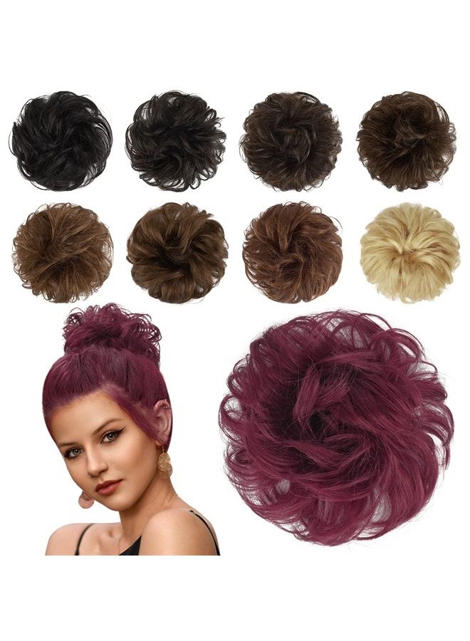 FESHFEN Human Hair Messy Buns, 100% Human Hair Bun Hair Piece Real Hair Extension Wavy Curly Hair Scrunchies Tousled Updo Chignon Hairpieces for Women Girls, Wine Red - Image 1
