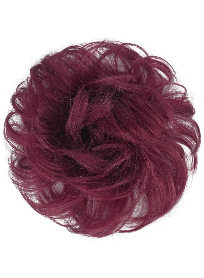 FESHFEN Human Hair Messy Buns, 100% Human Hair Bun Hair Piece Real Hair Extension Wavy Curly Hair Scrunchies Tousled Updo Chignon Hairpieces for Women Girls, Wine Red - Image 2