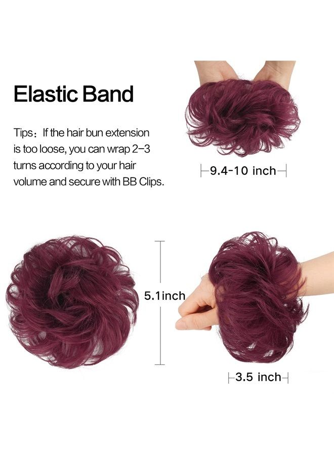 FESHFEN Human Hair Messy Buns, 100% Human Hair Bun Hair Piece Real Hair Extension Wavy Curly Hair Scrunchies Tousled Updo Chignon Hairpieces for Women Girls, Wine Red - Image 3
