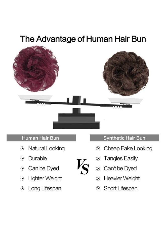 FESHFEN Human Hair Messy Buns, 100% Human Hair Bun Hair Piece Real Hair Extension Wavy Curly Hair Scrunchies Tousled Updo Chignon Hairpieces for Women Girls, Wine Red - Image 4