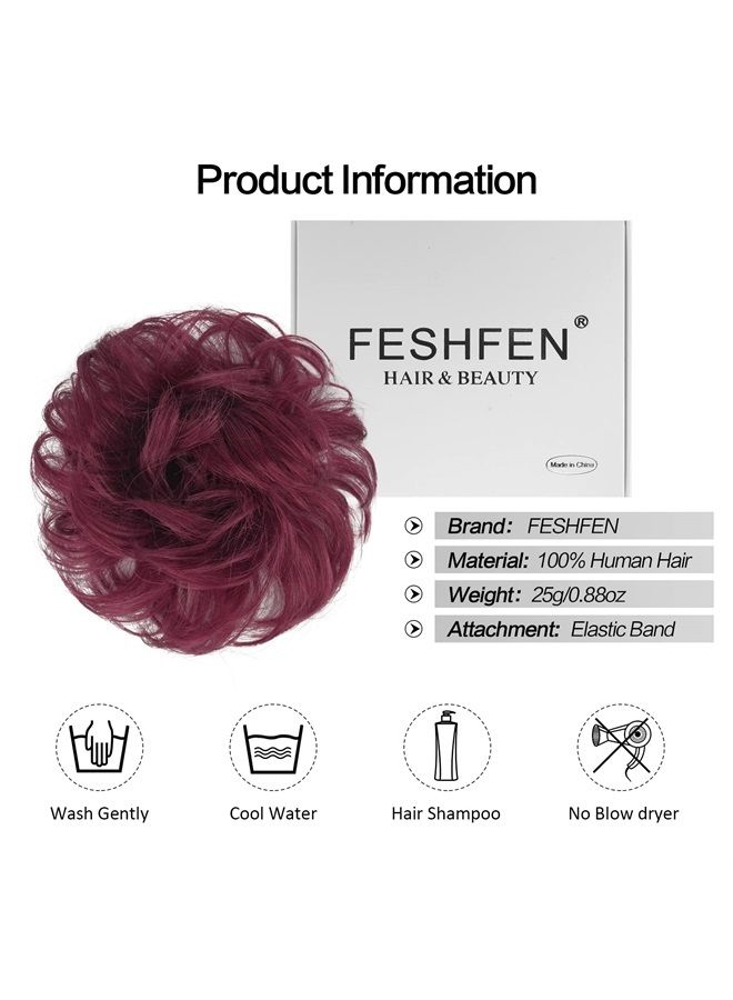 FESHFEN Human Hair Messy Buns, 100% Human Hair Bun Hair Piece Real Hair Extension Wavy Curly Hair Scrunchies Tousled Updo Chignon Hairpieces for Women Girls, Wine Red - Image 5