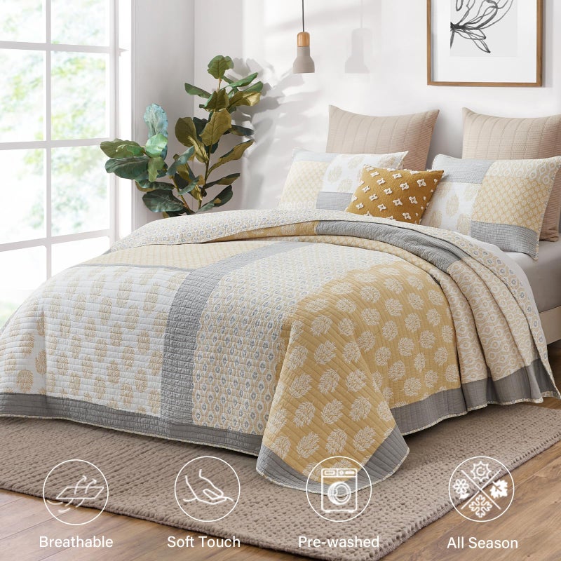 Finlonte Quilts Queen Size, 100% Cotton Queen Comforter Set, Yellow Grey Farmhouse Quilted Bedspread, Patchwork Lightweight Reversible Quilt Bedding Set for Queen Bed, 3-Pieces - Image 2