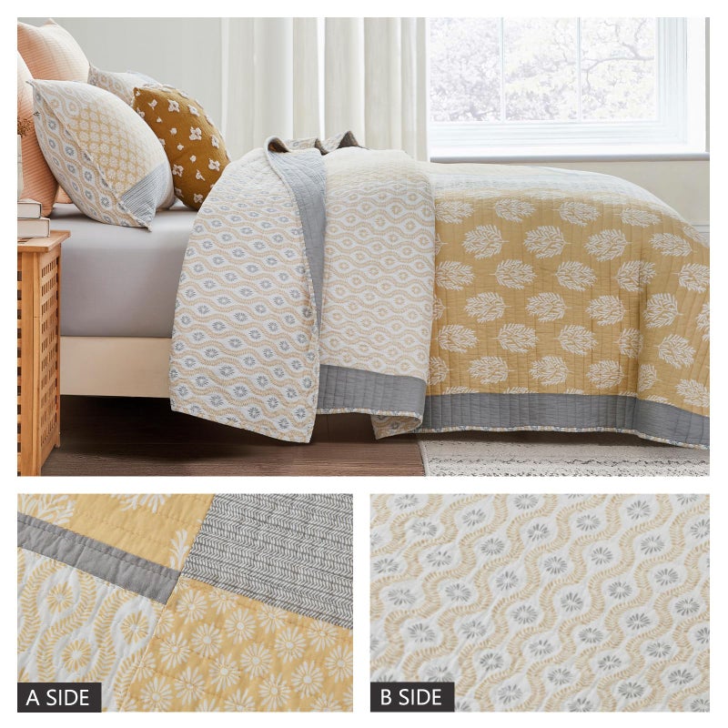Finlonte Quilts Queen Size, 100% Cotton Queen Comforter Set, Yellow Grey Farmhouse Quilted Bedspread, Patchwork Lightweight Reversible Quilt Bedding Set for Queen Bed, 3-Pieces - Image 4