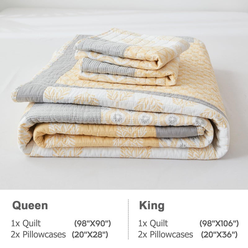 Finlonte Quilts Queen Size, 100% Cotton Queen Comforter Set, Yellow Grey Farmhouse Quilted Bedspread, Patchwork Lightweight Reversible Quilt Bedding Set for Queen Bed, 3-Pieces - Image 5