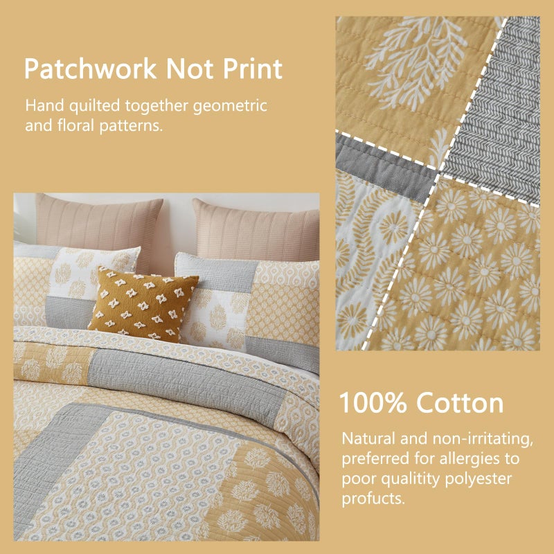 Finlonte Quilts Queen Size, 100% Cotton Queen Comforter Set, Yellow Grey Farmhouse Quilted Bedspread, Patchwork Lightweight Reversible Quilt Bedding Set for Queen Bed, 3-Pieces - Image 3