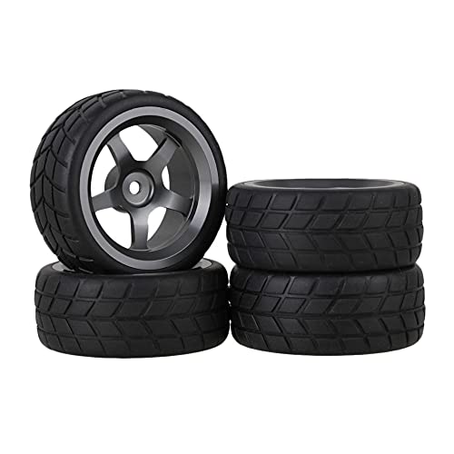 Mxfans Grey 5 Spoke Aluminium Alloy Wheel Rims & Black Square Pattern Rubber Tyres Tires for RC 1:10 On Road Racing Car Set of 4 - Image 1
