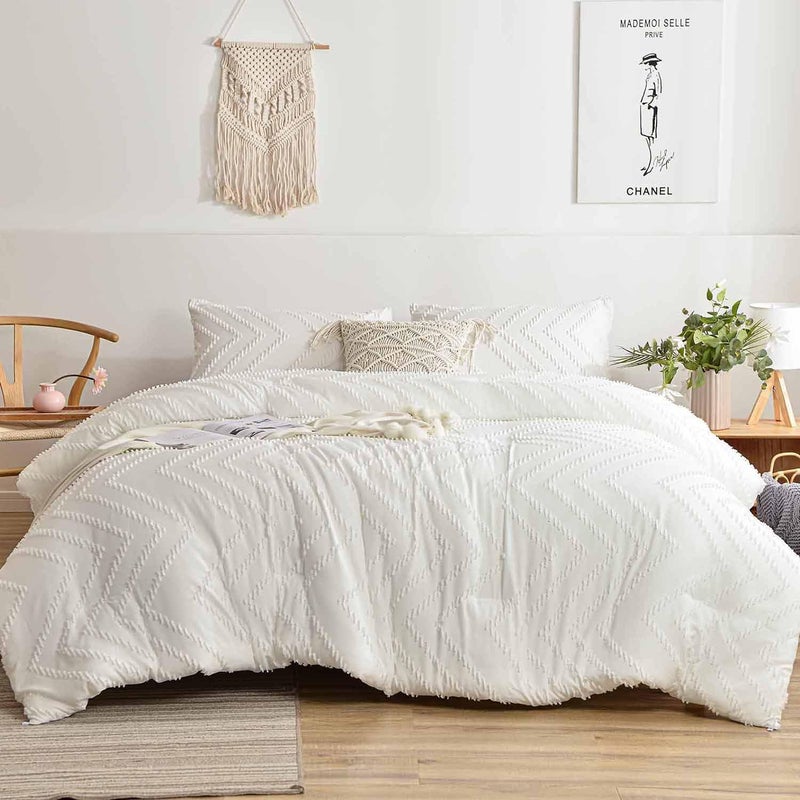 Nanko White Duvet Cover Full Size, 3pc Boho Tufted Microfiber Bedding Comforter Cover Set, All Season Aesthetic Shabby Chic Soft Embroidery Textured Geometric Quilt Cover 80x90 inches - Image 2