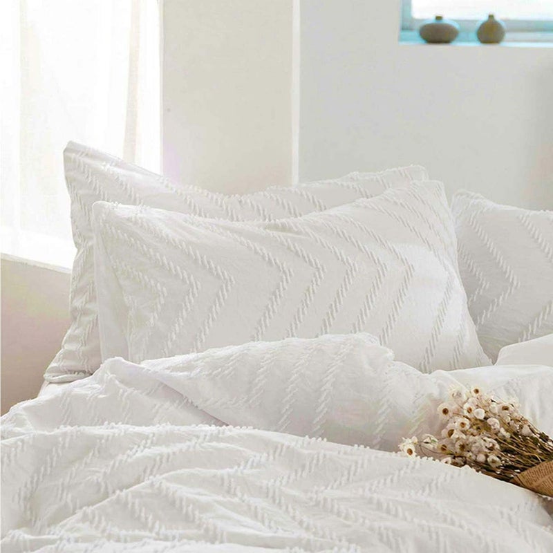 Nanko White Duvet Cover Full Size, 3pc Boho Tufted Microfiber Bedding Comforter Cover Set, All Season Aesthetic Shabby Chic Soft Embroidery Textured Geometric Quilt Cover 80x90 inches - Image 4