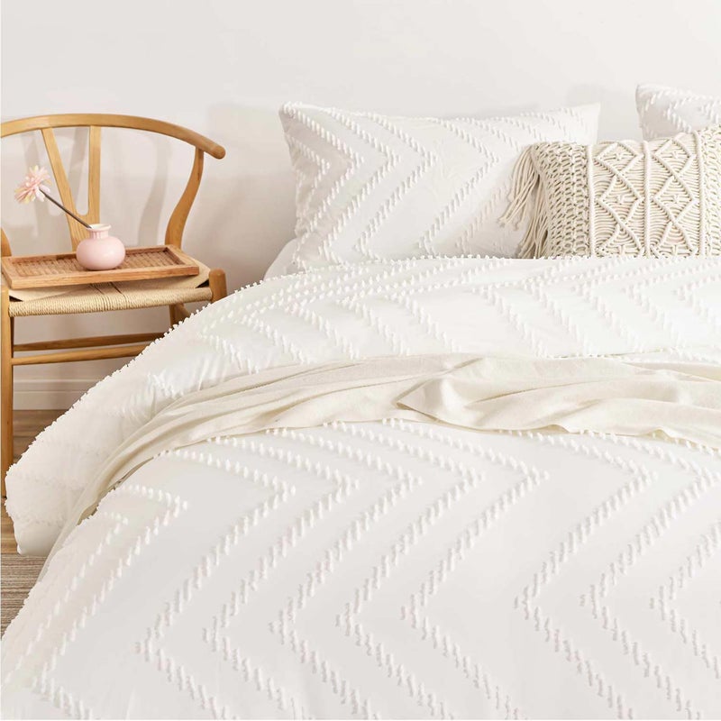 Nanko White Duvet Cover Full Size, 3pc Boho Tufted Microfiber Bedding Comforter Cover Set, All Season Aesthetic Shabby Chic Soft Embroidery Textured Geometric Quilt Cover 80x90 inches - Image 1
