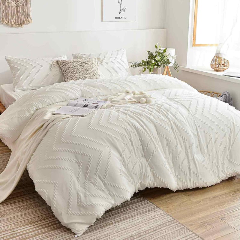 Nanko White Duvet Cover Full Size, 3pc Boho Tufted Microfiber Bedding Comforter Cover Set, All Season Aesthetic Shabby Chic Soft Embroidery Textured Geometric Quilt Cover 80x90 inches - Image 3