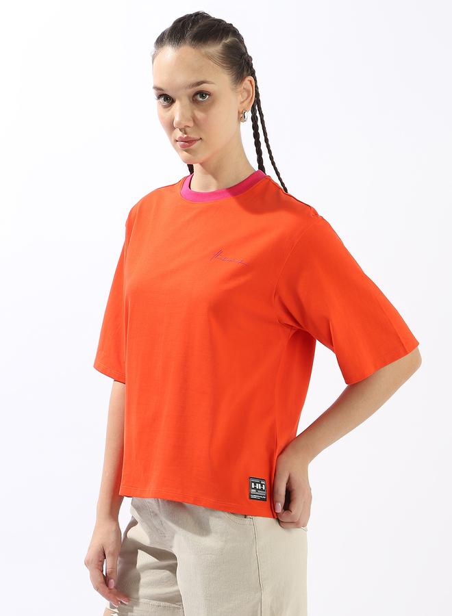 Hubberholme Women's Orange 100% Cotton Solid Oversized T-Shirt - Image 3