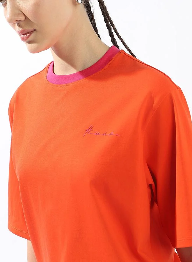 Hubberholme  Women's Orange 100% Cotton Solid Oversized T-Shirt for Women | Best Price UAE