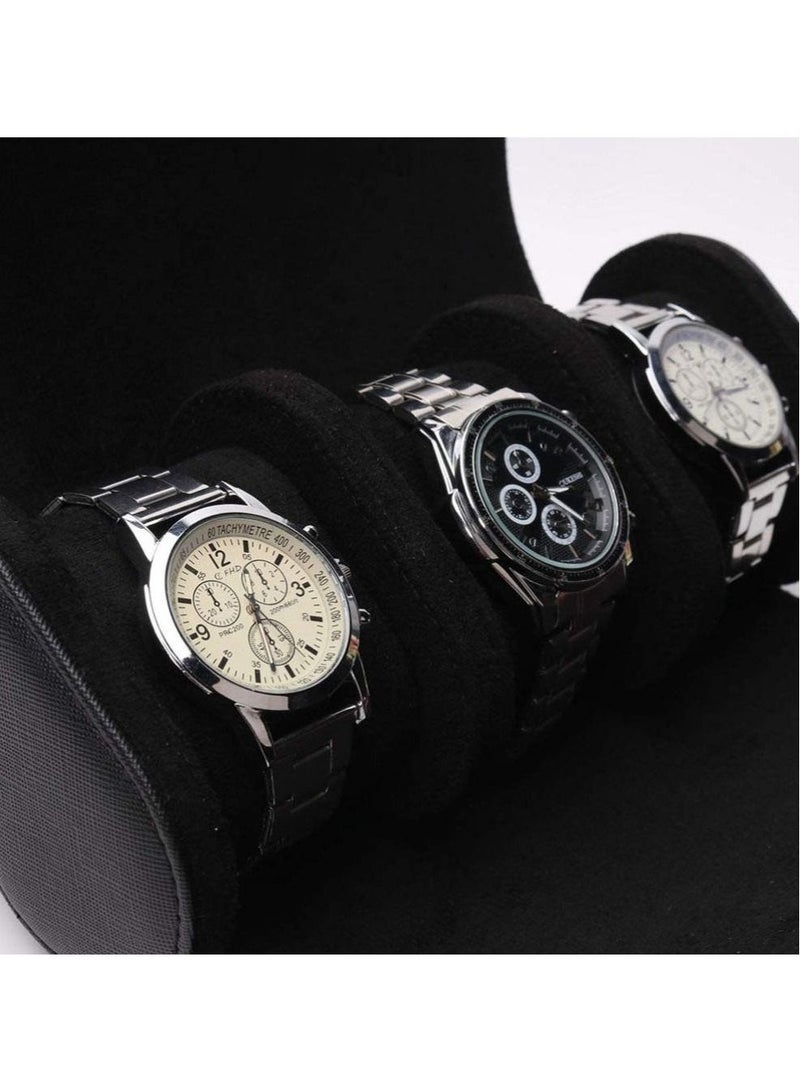 Watch Box,  3 Slots PU Leather Portable Wrist Watch Case Travel Round Roll Holder Jewelry Storage Box for Watch Bracelet (Black) - Image 2