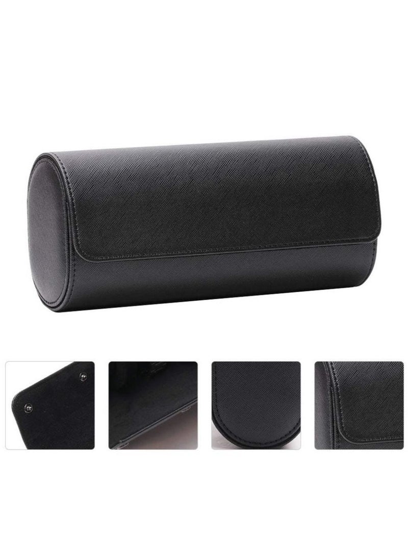 Watch Box,  3 Slots PU Leather Portable Wrist Watch Case Travel Round Roll Holder Jewelry Storage Box for Watch Bracelet (Black) - Image 5