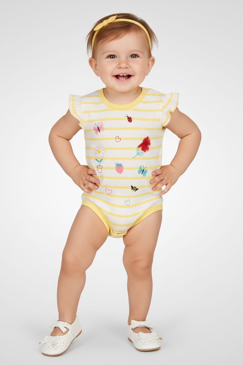 Hamleys Toddlers Girl 3 Pieces Graphic Print Flutter Sleeve Bodysuit, Multicolor - Image 1