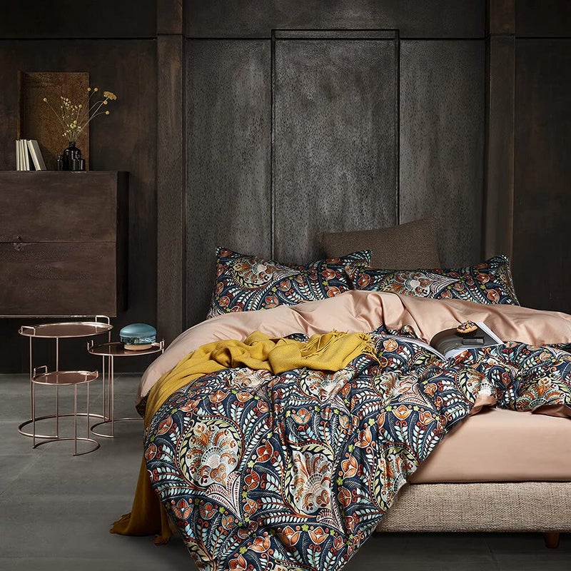 Cupocupa Queen Duvet Cover Set, Modern Industrial Luxury Bedding with Zipper Closure & Corner Ties, Soft Breathable Navy Teal Orange Floral Comforter Cover for Bedroom Guest Room Vintage Paisley - Image 1