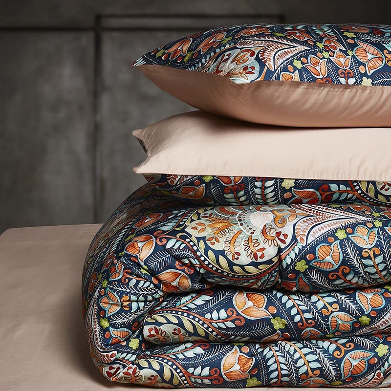 Cupocupa Queen Duvet Cover Set, Modern Industrial Luxury Bedding with Zipper Closure & Corner Ties, Soft Breathable Navy Teal Orange Floral Comforter Cover for Bedroom Guest Room Vintage Paisley - Image 4