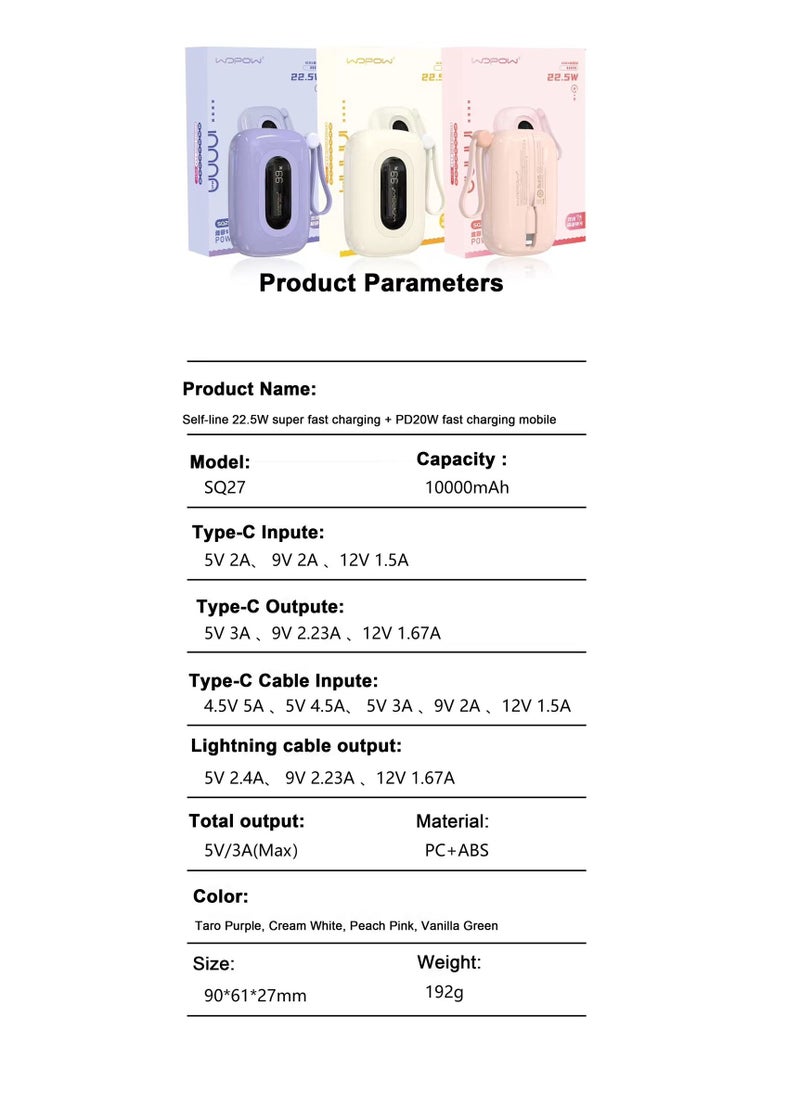 Wopow - Wopow SQ27 Mini Power Bank 10000mAh 22.5W Quick Charging PD 20W with Digital display built in cable For iPhone & C Type - Image 1