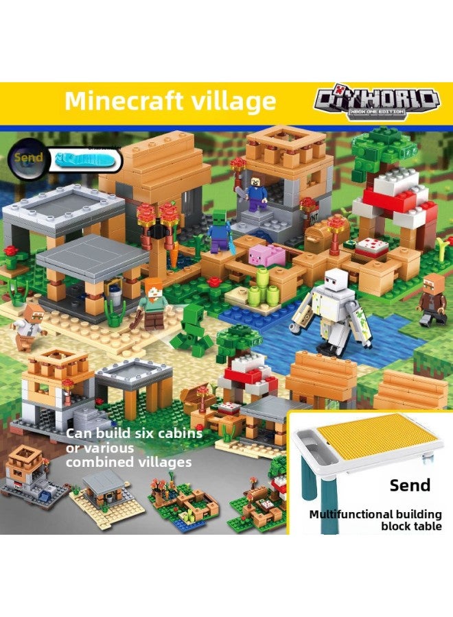 متوافقة مع مكعبات البناء ماي وورلد من ليجو التي تستفيد من الذكاء، ألعاب مجمعة للأطفال، بيت شجرة القرية، كهف الأرغن، للأطفال من عمر 6 إلى 12 سنة - اللون: قريتي 【580 قطعة】 + طاولة مكعبات البناء - Image 1