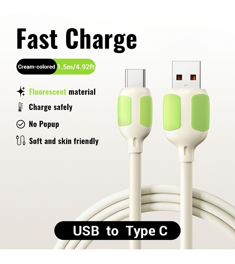 كابل USB-C سريع الشحن والبيانات 6A مع ضوء فلورسنت من هلام السيليكون بطول 1.5 متر (4.92 قدم) لإكسسوارات هواتف أندرويد - Image 5