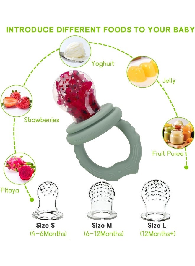 Socub Silicone Baby Fruit Food Feeder & Baby Food Freezer Tray Set, Breastmilk Popsicle Molds for Baby Teething Relief, Baby Food Pacifier Feeder for Self Feeding, Extra 3 Sizes Food Pouch (Sage) - Image 4