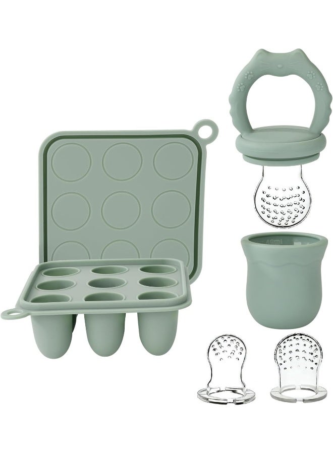Socub Silicone Baby Fruit Food Feeder & Baby Food Freezer Tray Set, Breastmilk Popsicle Molds for Baby Teething Relief, Baby Food Pacifier Feeder for Self Feeding, Extra 3 Sizes Food Pouch (Sage) - Image 1