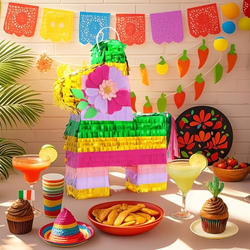 WERNNSAI Cinco De Mayo Donkey Piata Rainbow Donkey Piata with Blindfold Bat for Kids Mexican Piata for Fiesta Party Decorations Luau Event Birthday Hawaiian Party Supplies Mexican Theme Carnivals - Image 5