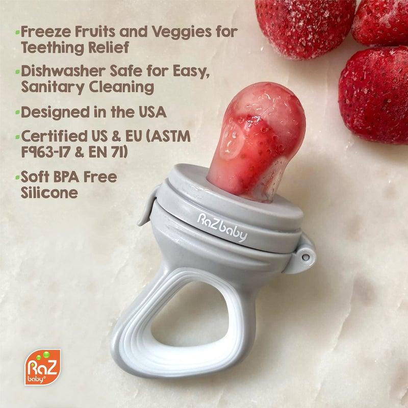 RaZbaby Baby Fruit Feeder/Food Feeder Pacifier | Infant Teething Toy Teether 6M+, Add Baby's Favorite Frozen Fruit or Fresh Food for Teething Relief, Silicone Pouch/Nipple, BPA Free (Grey) - Image 4