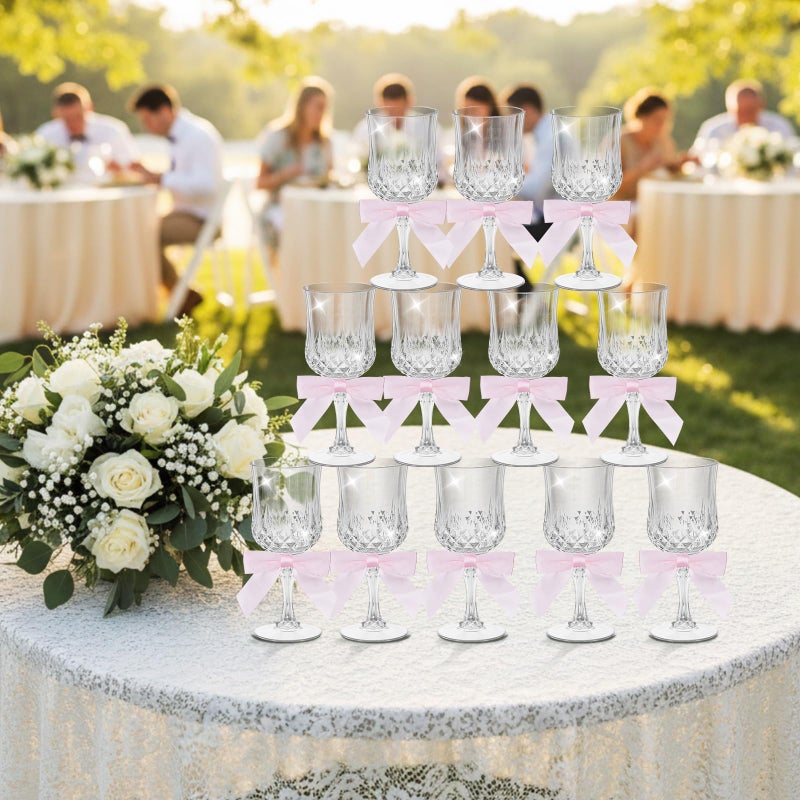 LemonRoad 24 Pcs 3 oz Plastic Wine Glasses Vintage Goblets with Bows Coquette Champagne Glasses Unbreakable Goblets for Women Dinner Wedding Party Grand Event(Clear,Pink) - Image 5
