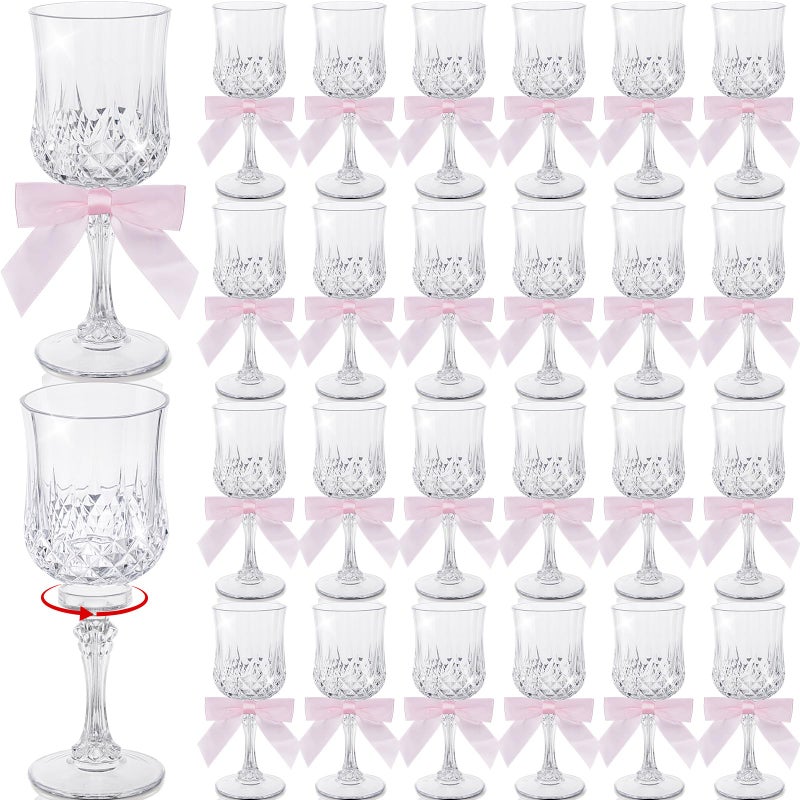 LemonRoad 24 Pcs 3 oz Plastic Wine Glasses Vintage Goblets with Bows Coquette Champagne Glasses Unbreakable Goblets for Women Dinner Wedding Party Grand Event(Clear,Pink) - Image 1