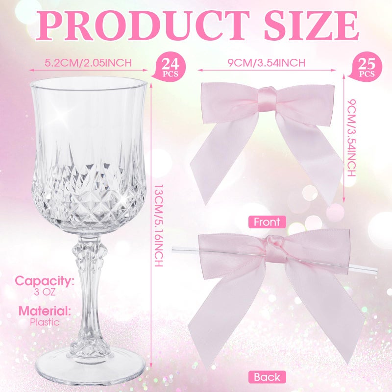 LemonRoad 24 Pcs 3 oz Plastic Wine Glasses Vintage Goblets with Bows Coquette Champagne Glasses Unbreakable Goblets for Women Dinner Wedding Party Grand Event(Clear,Pink) - Image 2