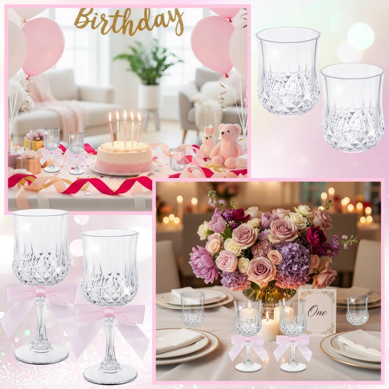 LemonRoad 24 Pcs 3 oz Plastic Wine Glasses Vintage Goblets with Bows Coquette Champagne Glasses Unbreakable Goblets for Women Dinner Wedding Party Grand Event(Clear,Pink) - Image 4