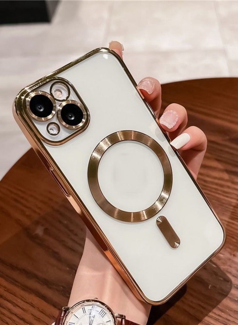 Color Fans MagSafe Compatible for Apple iPhone 14 6.1 inch Clear Case Slim Plating Magnetic Cover Gold 