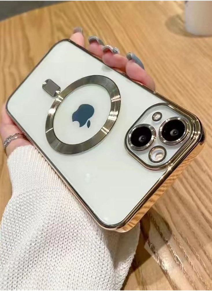 Color Fans - MagSafe Compatible for Apple iPhone 14 6.1 inch Clear Case Slim Plating Magnetic Cover Gold - Image 1