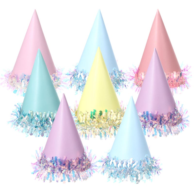 Oitnlaughter 24 Pcs Iridescent Foil Pastel Rainbow Party Hats Colorful Birthday Party Cone Hats Pastel Paper Caps with Elastic String for Kids and Adults Birthday Baby Shower Bridal Shower Anniversary Decorations - Image 1