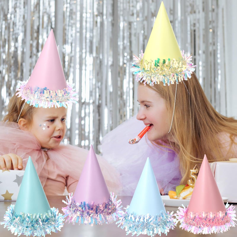 Oitnlaughter 24 Pcs Iridescent Foil Pastel Rainbow Party Hats Colorful Birthday Party Cone Hats Pastel Paper Caps with Elastic String for Kids and Adults Birthday Baby Shower Bridal Shower Anniversary Decorations - Image 5